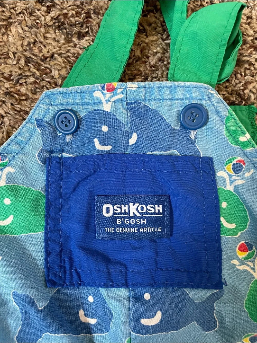 Rare Vintage OshKosh B'gosh Blue & Green Whale Print Baby Overall Shorts